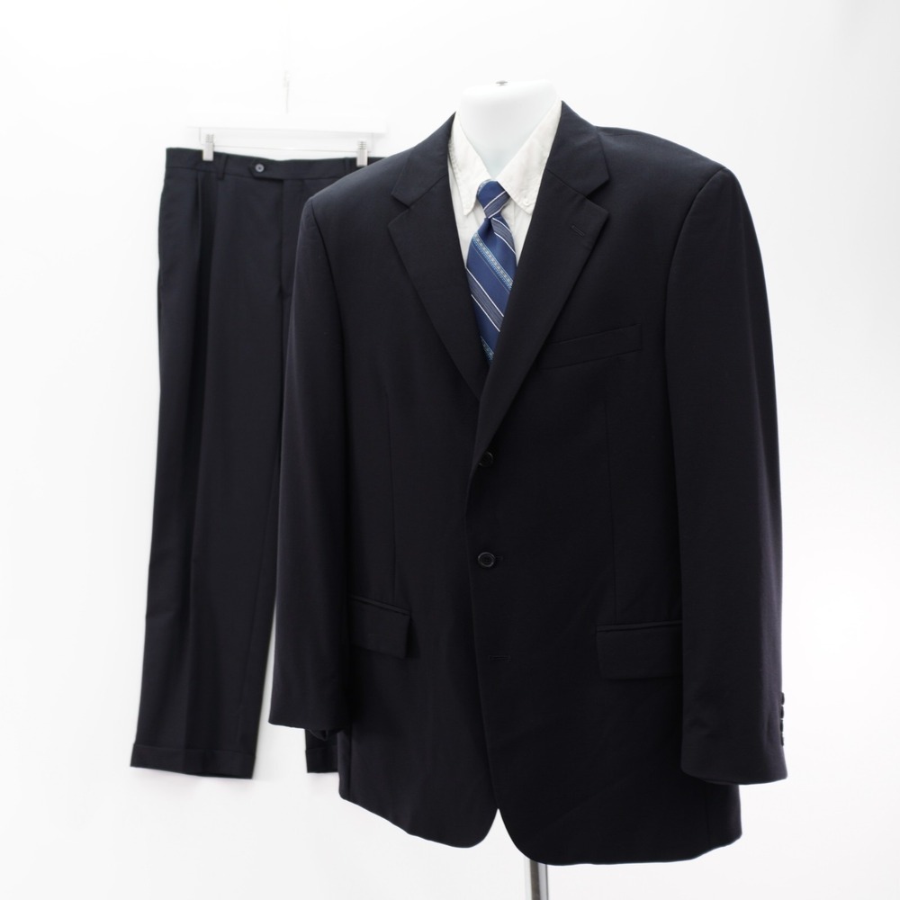 Jos A Bank Wool Navy Blue 2 Piece Suit 42L 35 / 31 Pleated Cuffed High Rise